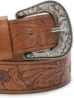 Western-Leather-Belts-Women Vintage Waist-Belts with Hollow Out Flower